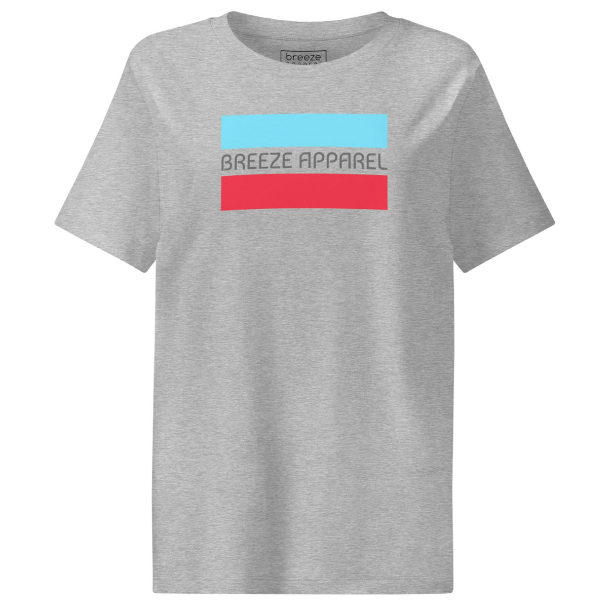 Heather-gray t-shirt with gray 'Breeze Apparel' logo between horizontal bars, the top being light blue and the bottom being red.