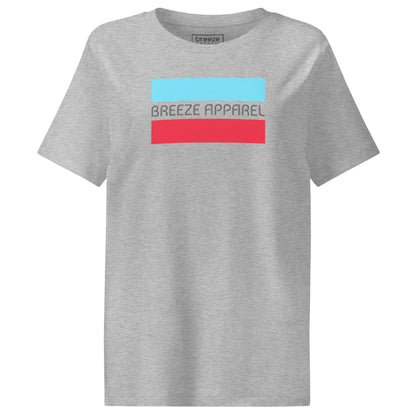 Heather-gray t-shirt with gray 'Breeze Apparel' logo between horizontal bars, the top being light blue and the bottom being red.