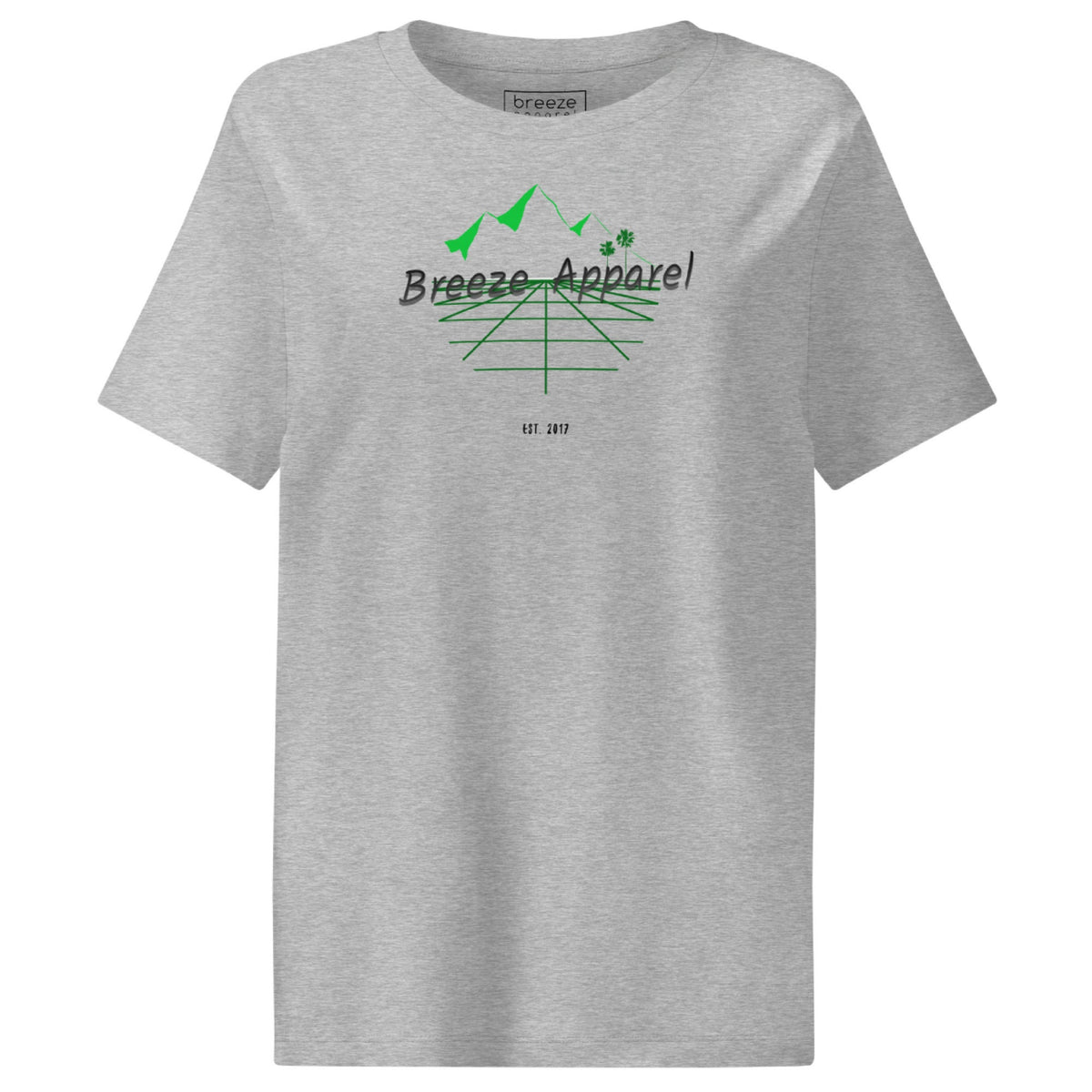 Heather-gray t-shirt with 'Breeze Apparel' logo set on a graphic of a grid, palm trees, and mountains.