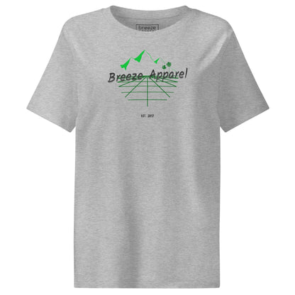 Heather-gray t-shirt with 'Breeze Apparel' logo set on a graphic of a grid, palm trees, and mountains.