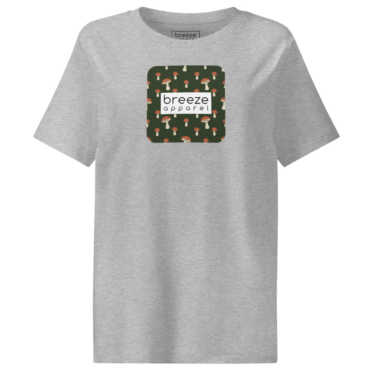 Gray t-shirt with square graphic of mushrooms set on a green background overlaid with a white rectangle in which 'breeze apparel' is in black.