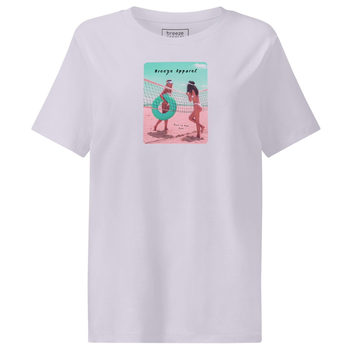 Lavender t-shirt with an image of two women in bikinis on the beach, standing by a volleyball net, one holding a swim ring and smiling, the other leaning on the net, with inscription in black of 'breeze apparel' towards the top of the image, and 'fun in the sun' in black on the ground between the women. 
