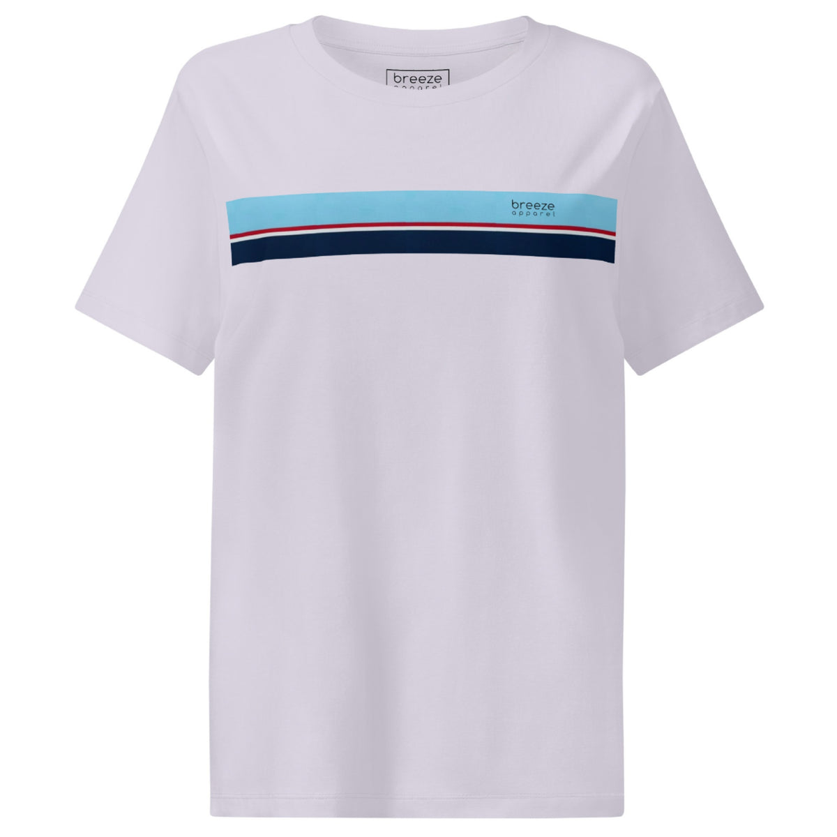 Lavender t-shirt with horizontal blue, red, white, and navy stripe with small black 'breeze apparel' logo.