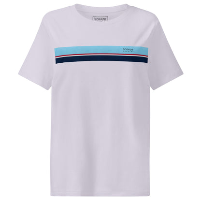 Lavender t-shirt with horizontal blue, red, white, and navy stripe with small black 'breeze apparel' logo.
