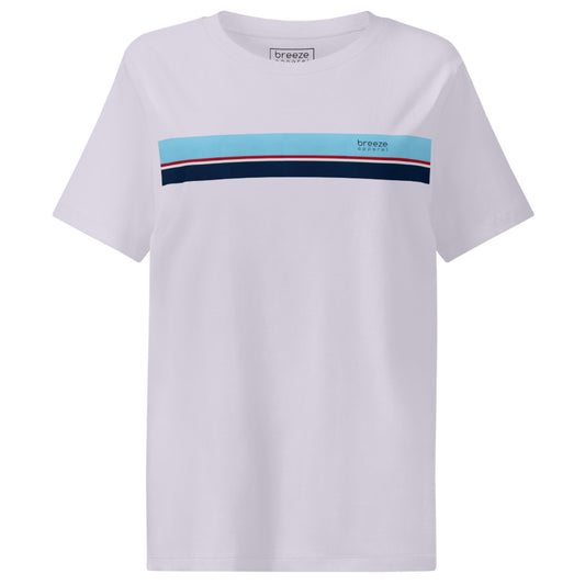 Lavender t-shirt with horizontal blue, red, white, and navy stripe with small black 'breeze apparel' logo.