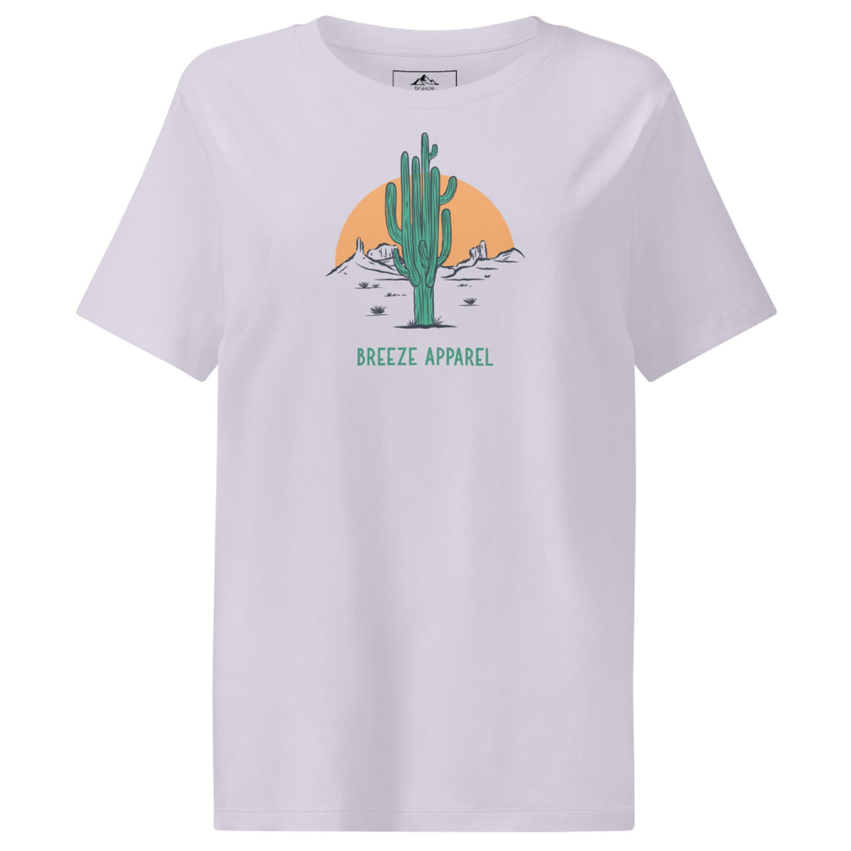 Lavender t-shirt with a graphic of a cactus and sunset, with 'Breeze Apparel' written in green below.