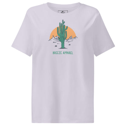 Lavender t-shirt with a graphic of a cactus and sunset, with 'Breeze Apparel' written in green below.