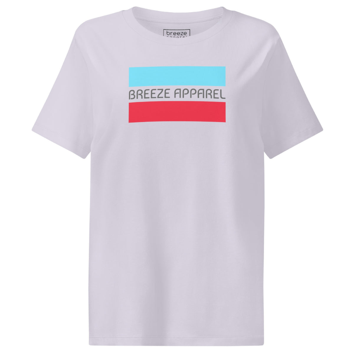 Lavender t-shirt with gray 'Breeze Apparel' logo between horizontal bars, the top being light blue and the bottom being red.