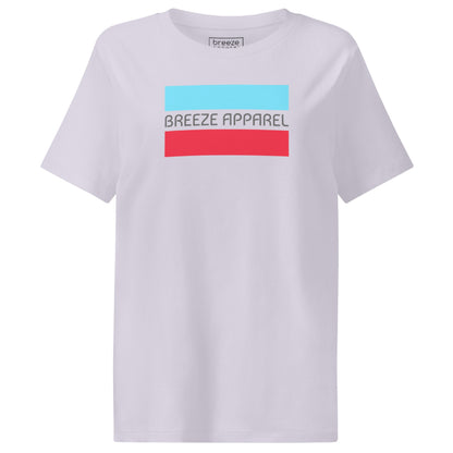 Lavender t-shirt with gray 'Breeze Apparel' logo between horizontal bars, the top being light blue and the bottom being red.