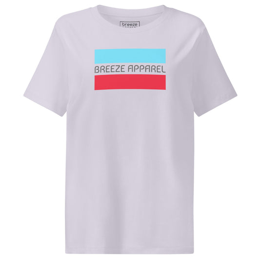Lavender t-shirt with gray 'Breeze Apparel' logo between horizontal bars, the top being light blue and the bottom being red.