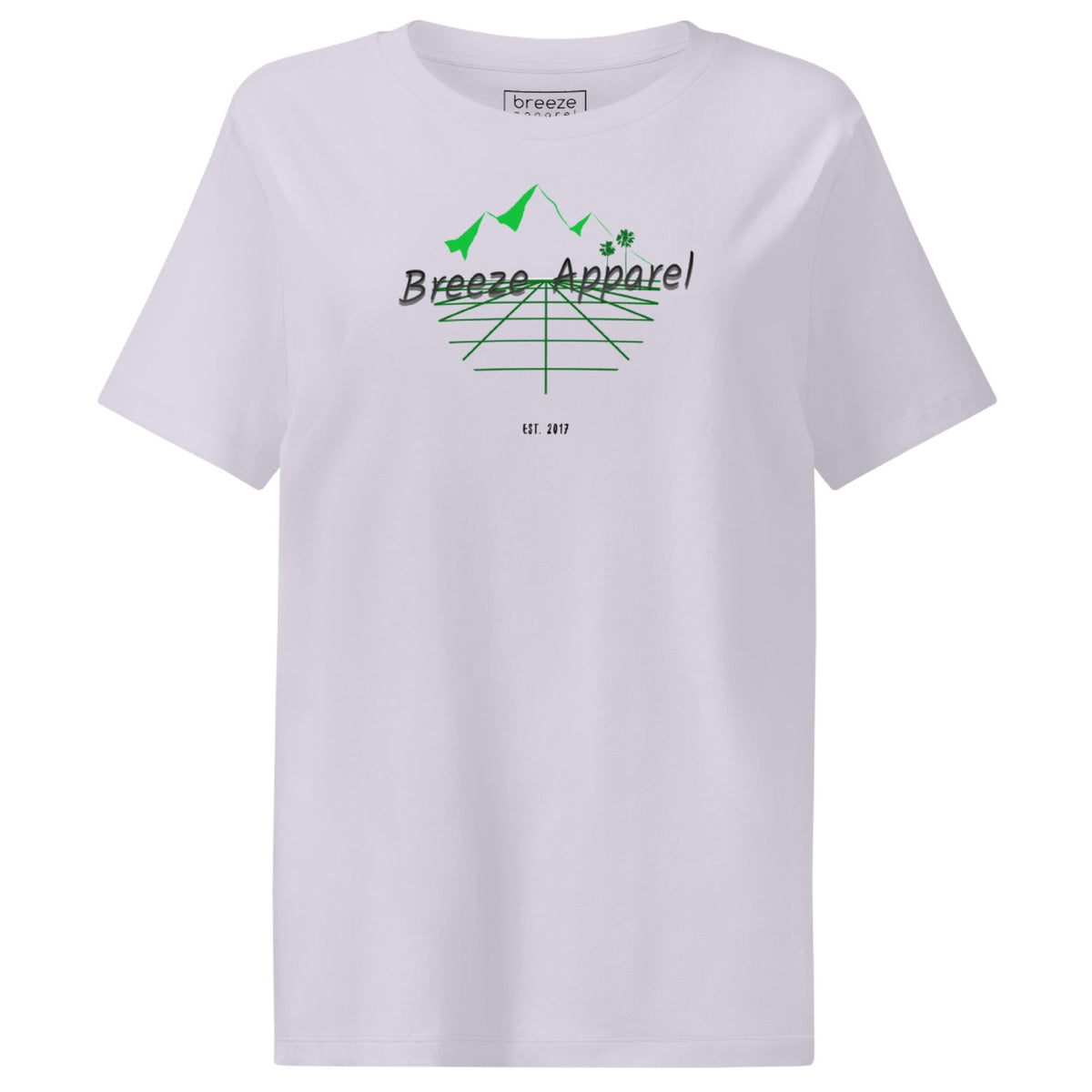 Lavender t-shirt with 'Breeze Apparel' logo set on a graphic of a grid, palm trees, and mountains.