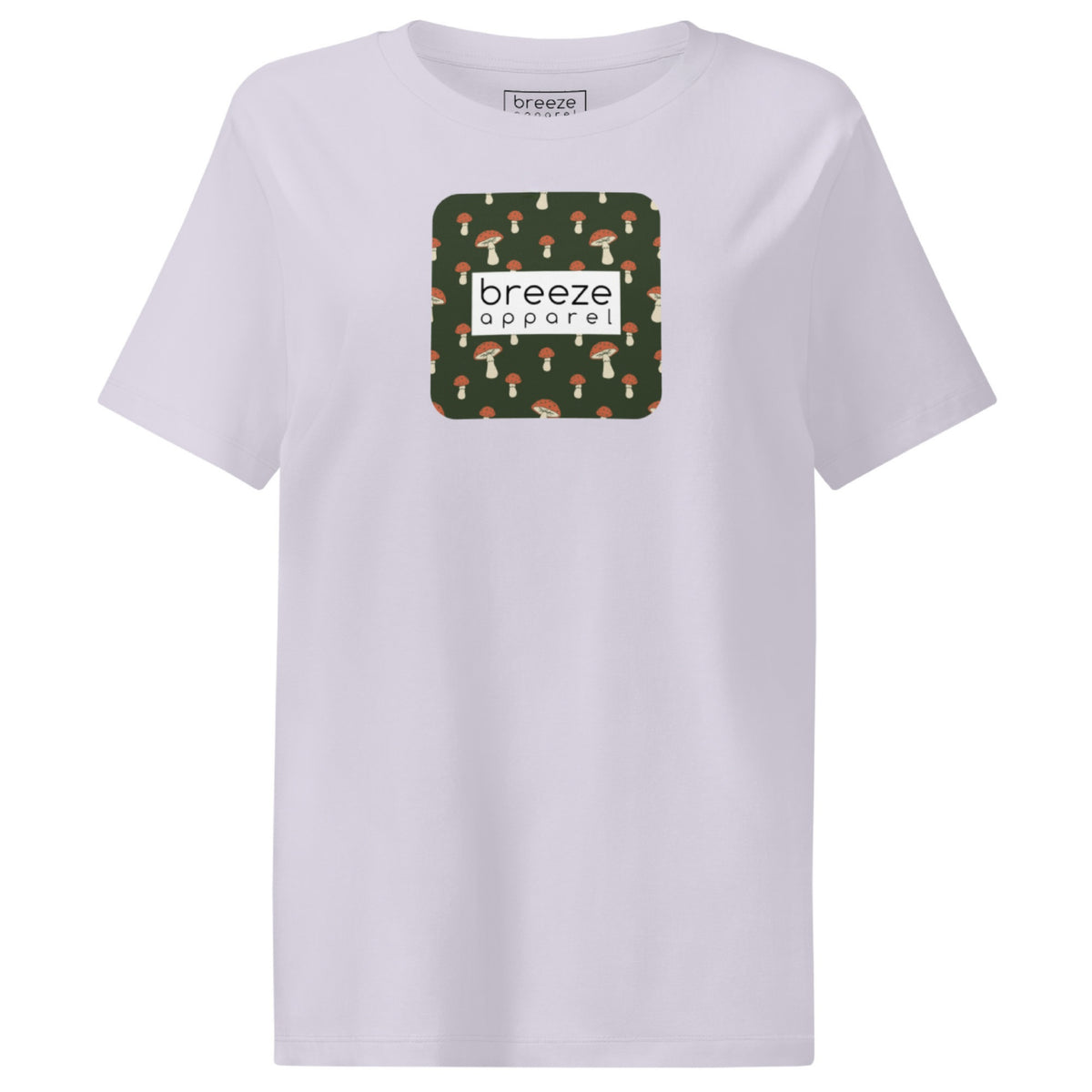 Lavender  t-shirt with square graphic of mushrooms set on a green background overlaid with a white rectangle in which 'breeze apparel' is in black.