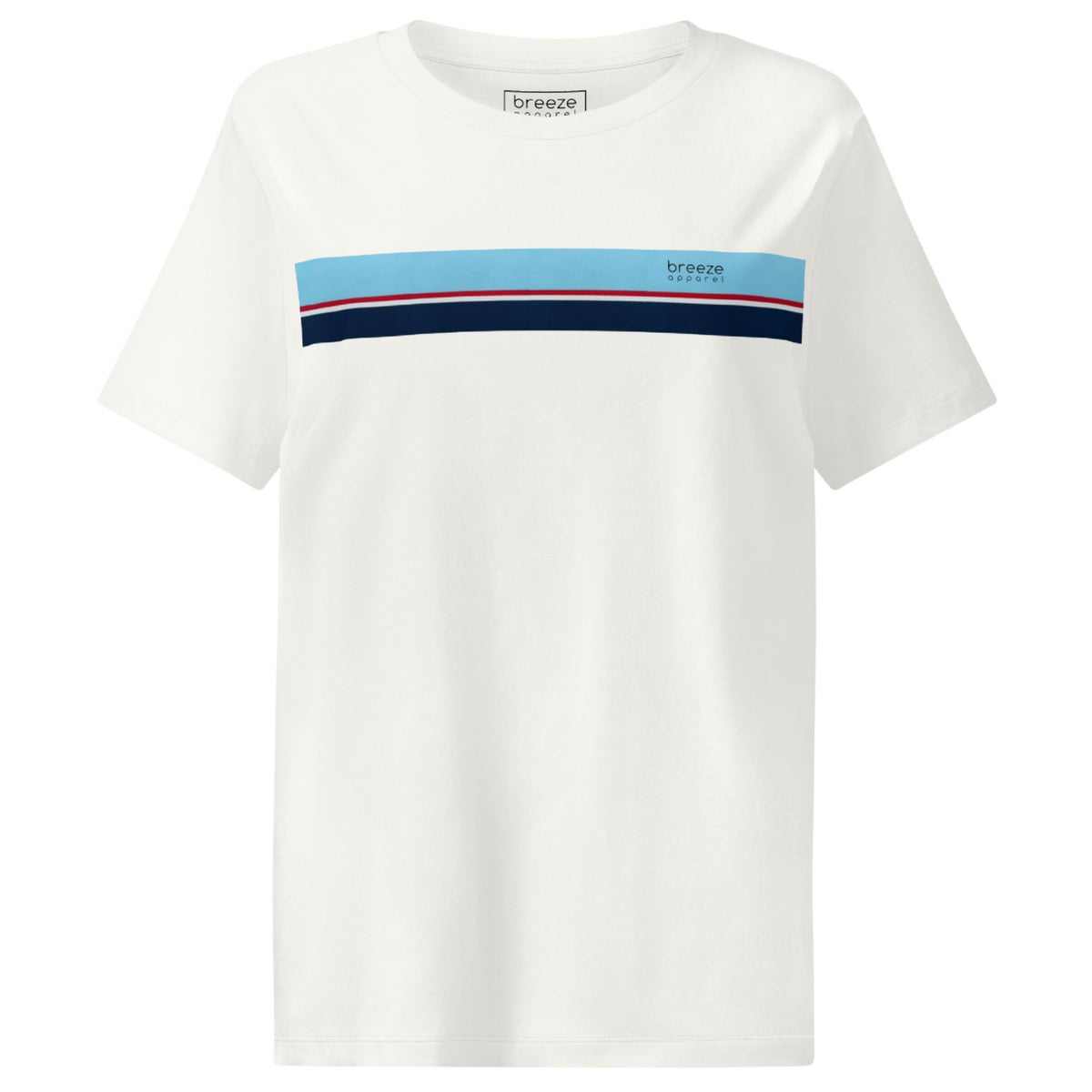 Off-white t-shirt with horizontal blue, red, white, and navy stripe with small black 'breeze apparel' logo.