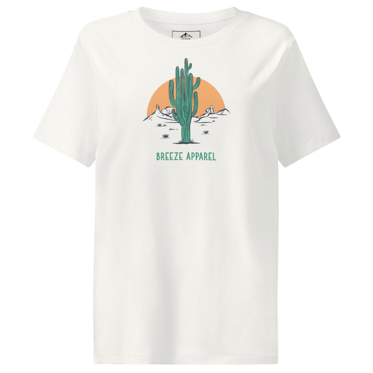 Off-white t-shirt with a graphic of a cactus and sunset, with 'Breeze Apparel' written in green below.