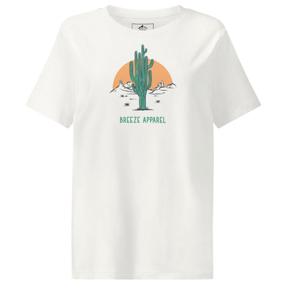 Off-white t-shirt with a graphic of a cactus and sunset, with 'Breeze Apparel' written in green below.