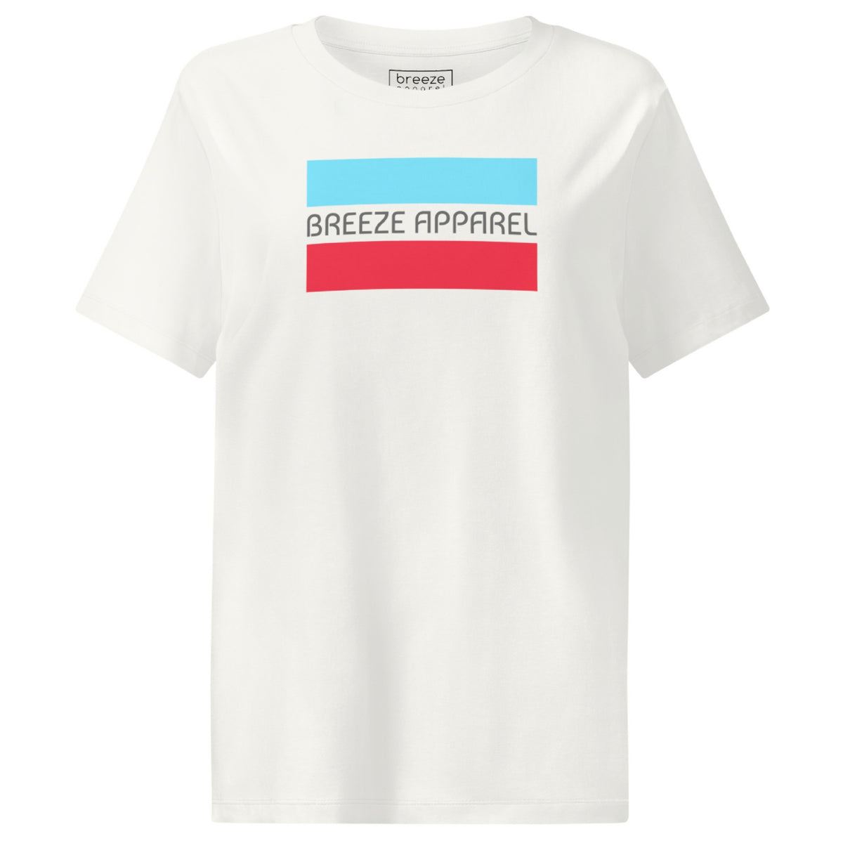 Off-white t-shirt with gray 'Breeze Apparel' logo between horizontal bars, the top being light blue and the bottom being red.