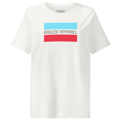 Off-white t-shirt with gray 'Breeze Apparel' logo between horizontal bars, the top being light blue and the bottom being red.