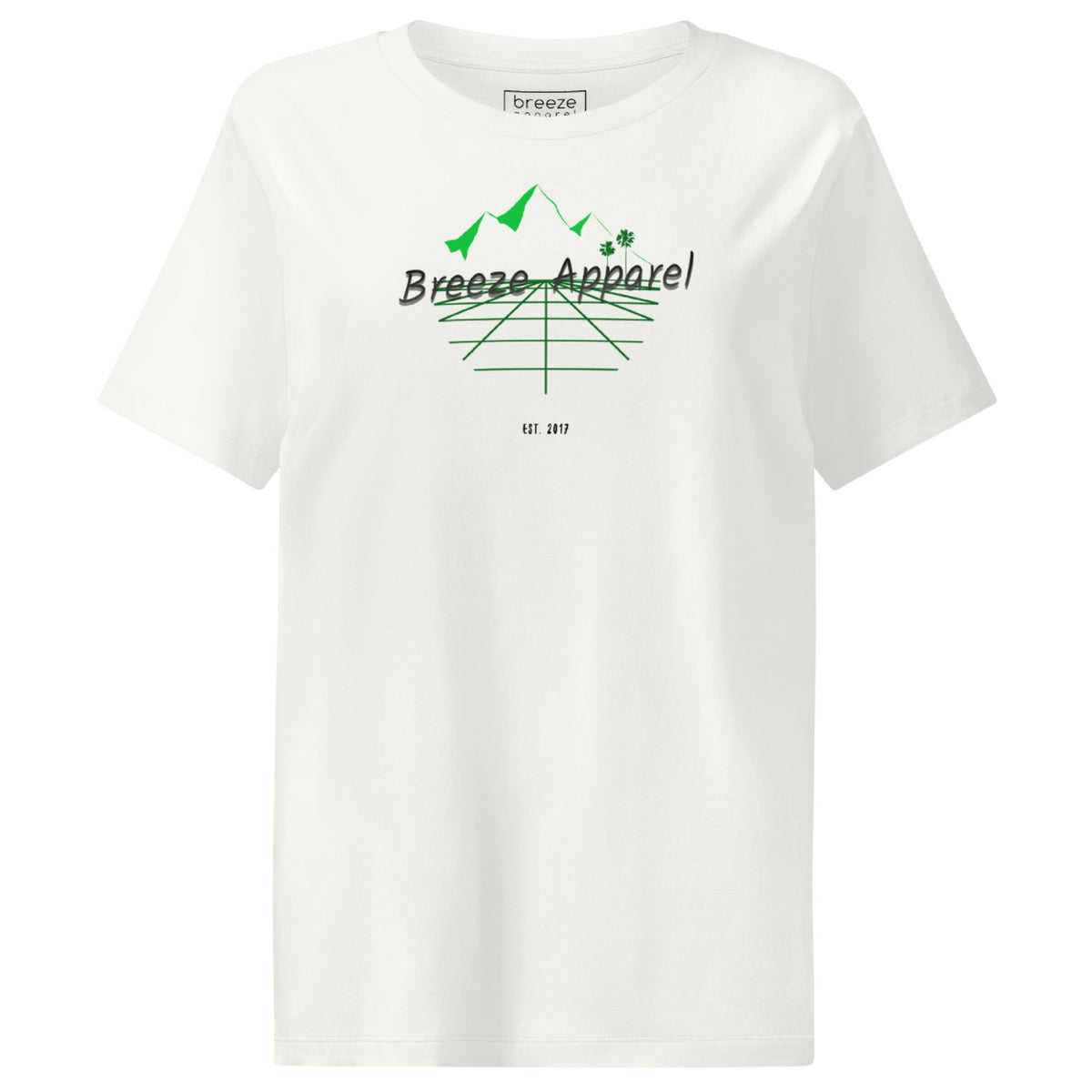 Off-white t-shirt with 'Breeze Apparel' logo set on a graphic of a grid, palm trees, and mountains.