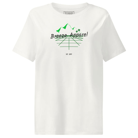 Off-white t-shirt with 'Breeze Apparel' logo set on a graphic of a grid, palm trees, and mountains.