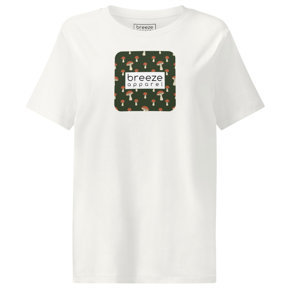 Off-white t-shirt with square graphic of mushrooms set on a green background overlaid with a white rectangle in which 'breeze apparel' is in black.