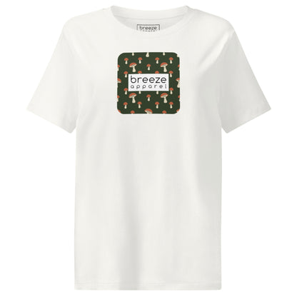 Off-white t-shirt with square graphic of mushrooms set on a green background overlaid with a white rectangle in which 'breeze apparel' is in black.