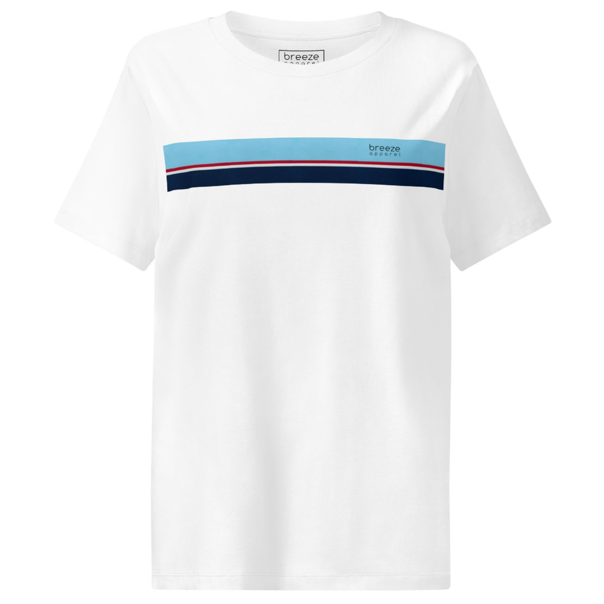 White t-shirt with horizontal blue, red, white, and navy stripe with small black 'breeze apparel' logo.