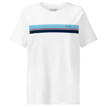 White t-shirt with horizontal blue, red, white, and navy stripe with small black 'breeze apparel' logo.