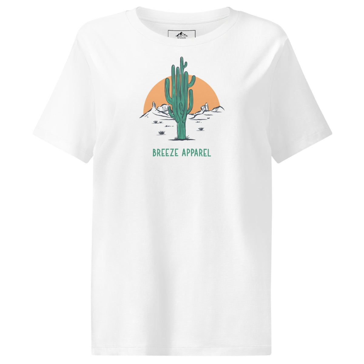 White t-shirt with a graphic of a cactus and sunset, with 'Breeze Apparel' written in green below.