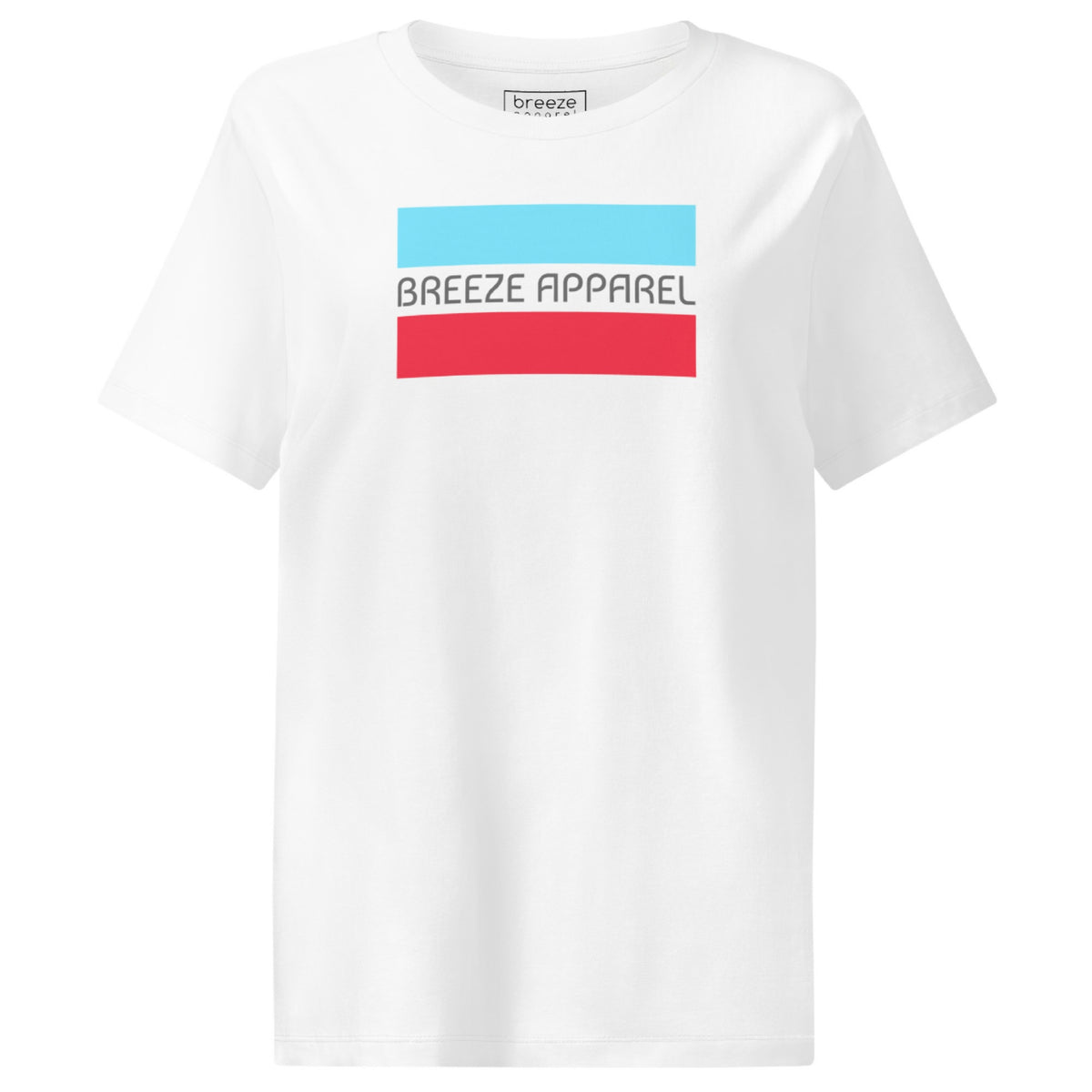White t-shirt with gray 'Breeze Apparel' logo between horizontal bars, the top being light blue and the bottom being red.