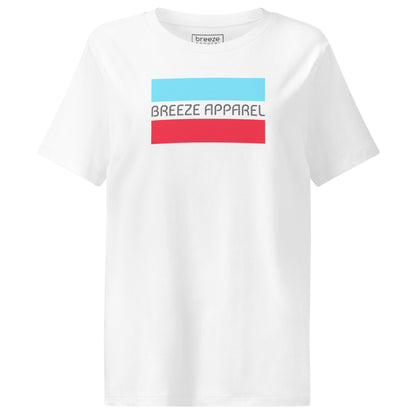 White t-shirt with gray 'Breeze Apparel' logo between horizontal bars, the top being light blue and the bottom being red.