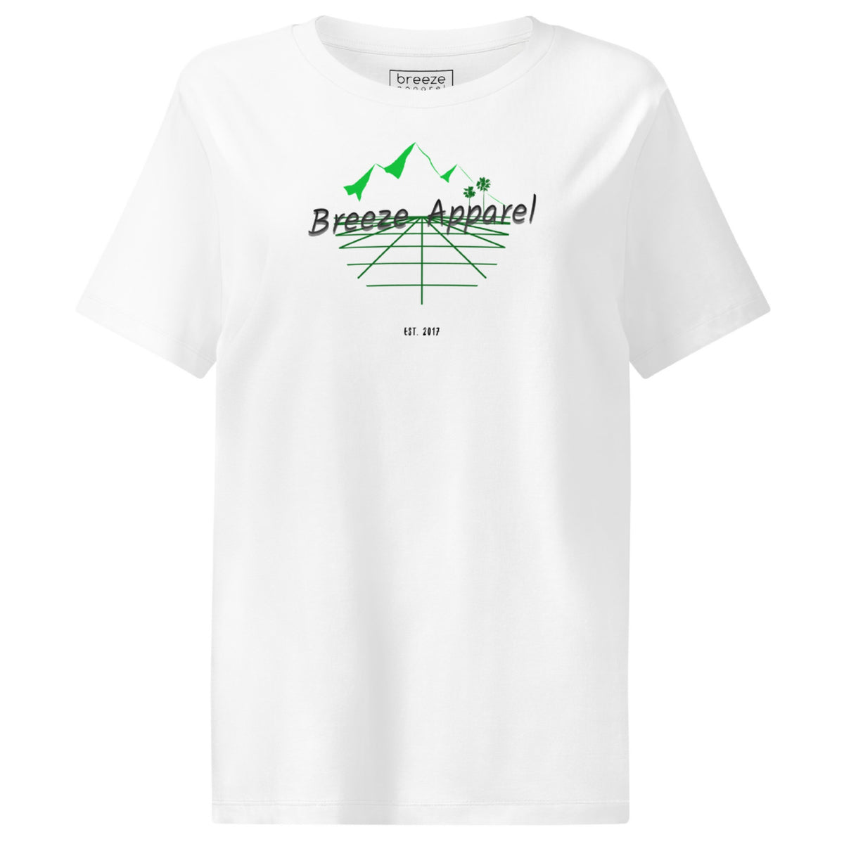 White t-shirt with 'Breeze Apparel' logo set on a graphic of a grid, palm trees, and mountains.