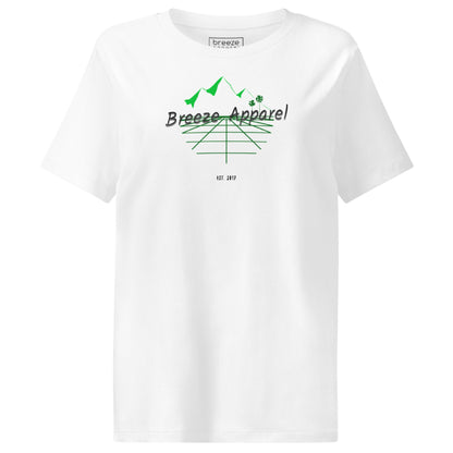 White t-shirt with 'Breeze Apparel' logo set on a graphic of a grid, palm trees, and mountains.