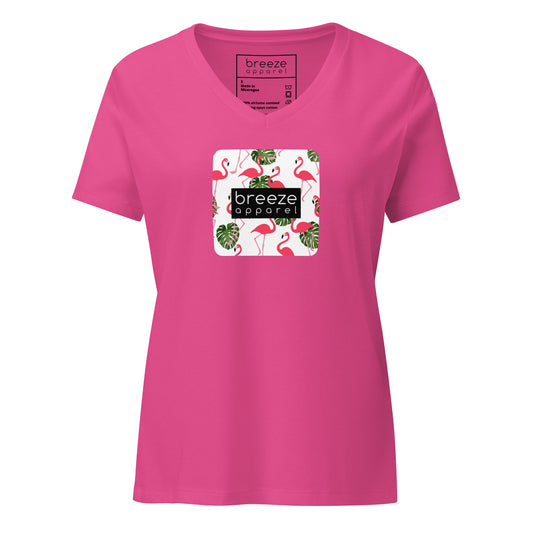 Pink v-neck t-shirt with graphic of flamingos overlaid with black logo.