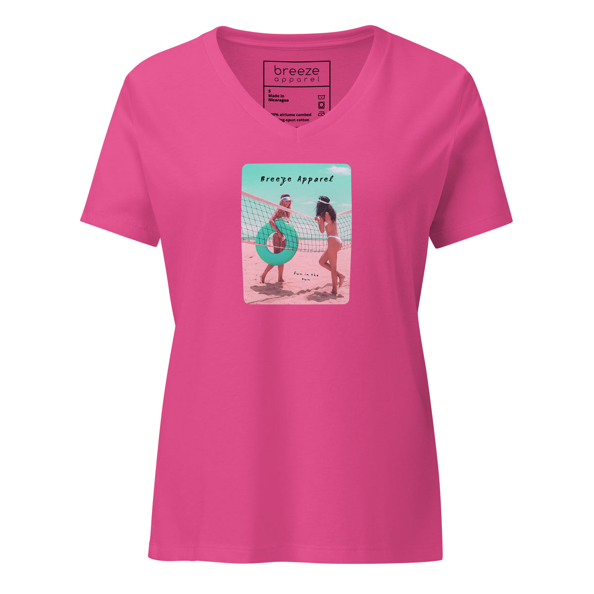 Pink v-neck t-shirt with graphic of two women on the beach.