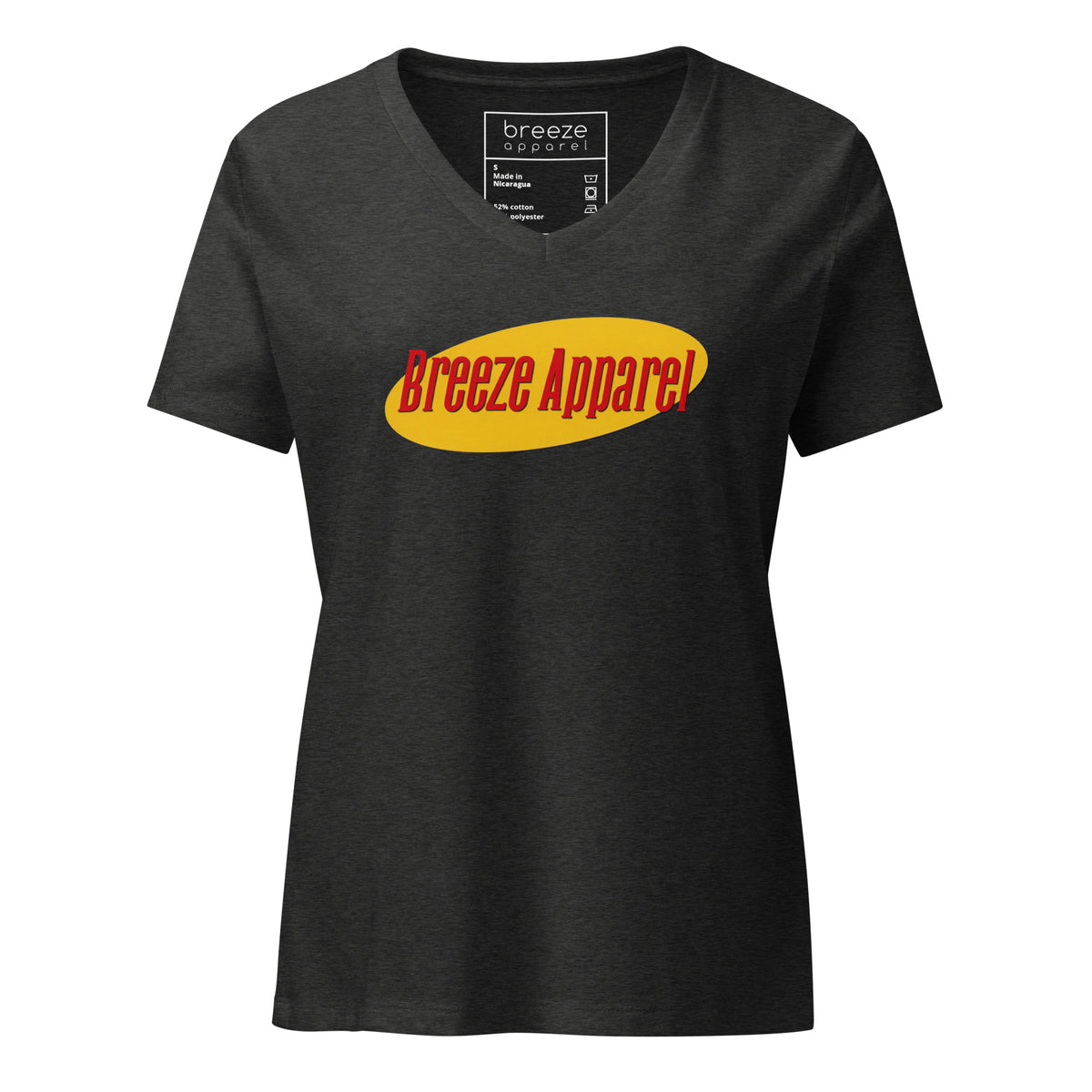 Gray v-neck with graphic of "Breeze Apparel" in red lettering set on a yellow oval.
