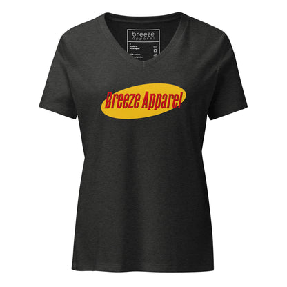 Gray v-neck with graphic of "Breeze Apparel" in red lettering set on a yellow oval.