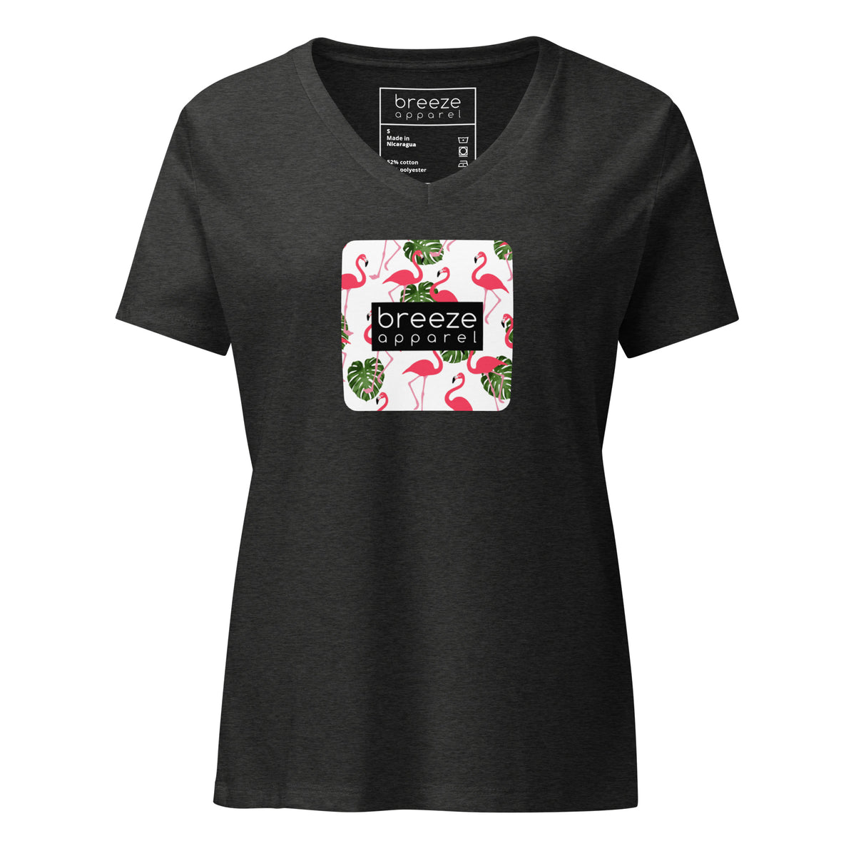 Gray v-neck t-shirt with graphic of flamingos overlaid with black logo.
