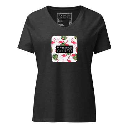 Gray v-neck t-shirt with graphic of flamingos overlaid with black logo.