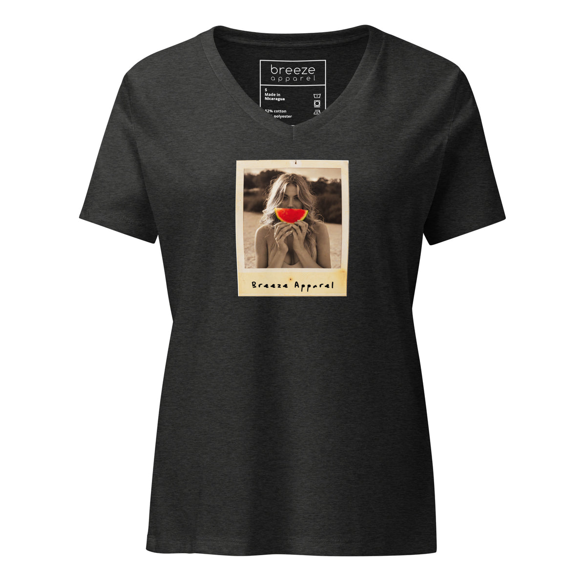 Gray v-neck t-shirt with graphic of woman holding slice of watermelon in front of her mouth.