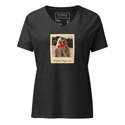 Gray v-neck t-shirt with graphic of woman holding slice of watermelon in front of her mouth.
