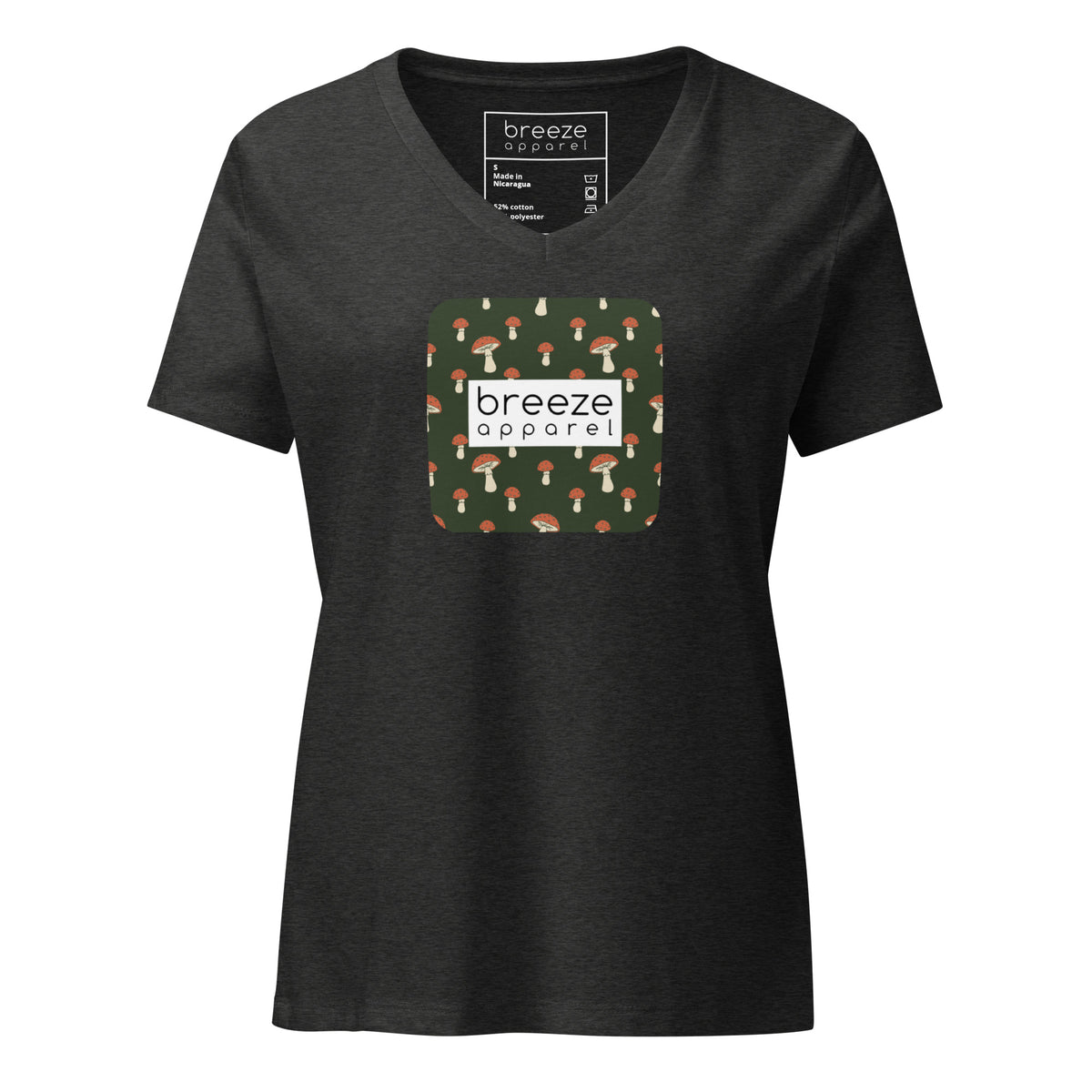 Gray v-neck t-shirt with graphic of mushrooms set on a green background and overlaid with white logo.