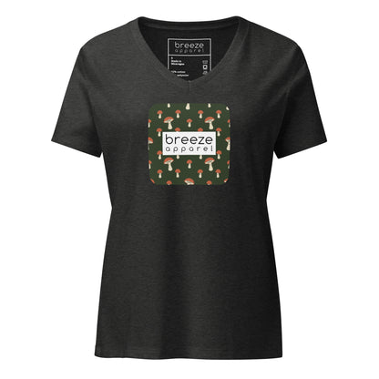 Gray v-neck t-shirt with graphic of mushrooms set on a green background and overlaid with white logo.