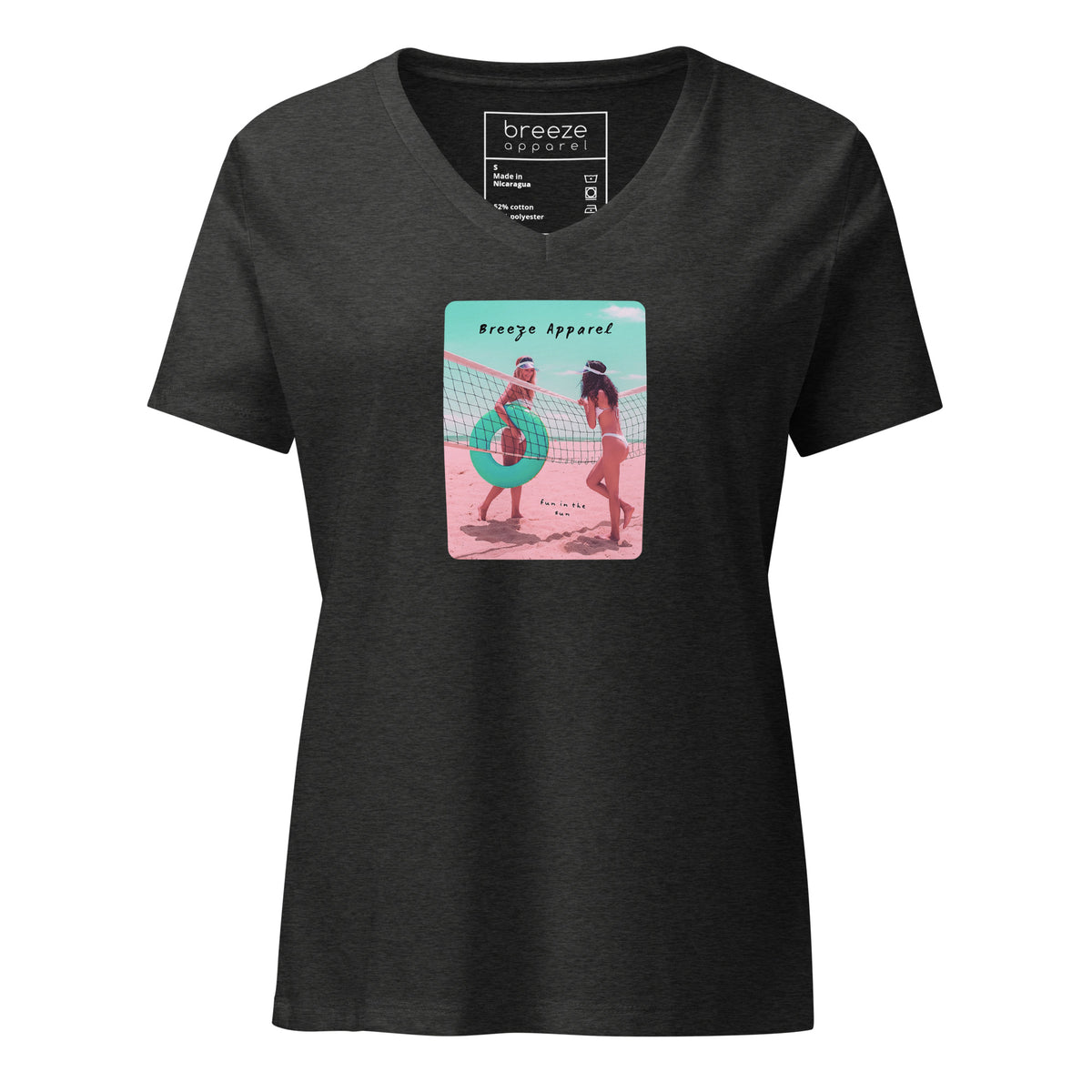 Gray v-neck t-shirt with graphic of two women on the beach.