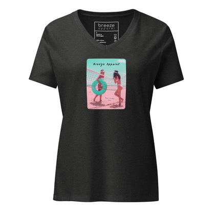 Gray v-neck t-shirt with graphic of two women on the beach.