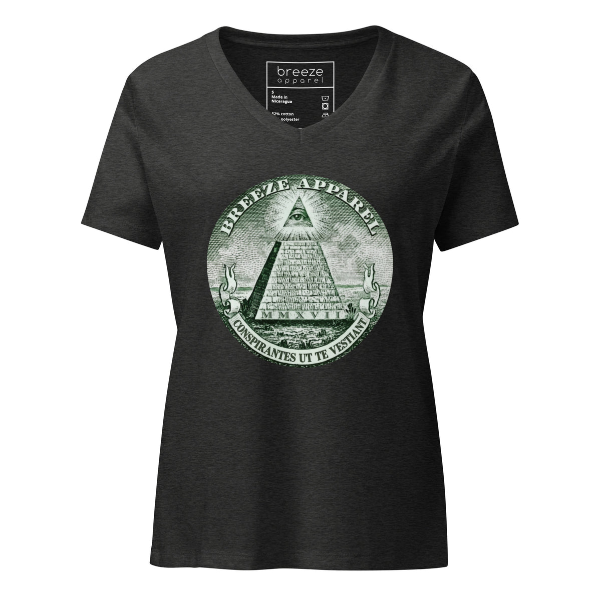 Gray, v-neck t-shirt with graphic resembling pyramid from US one-dollar bill.