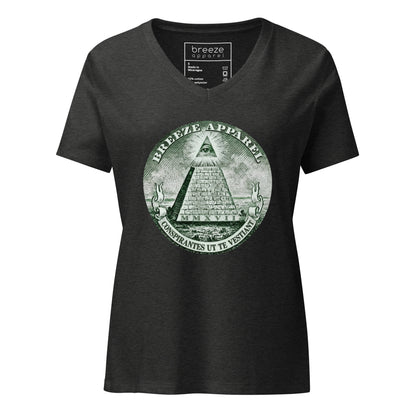 Gray, v-neck t-shirt with graphic resembling pyramid from US one-dollar bill.