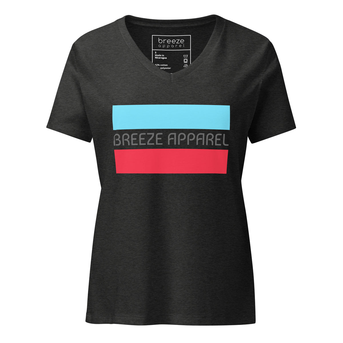 Gray v-neck t-shirt with gray 'Breeze Apparel' logo between horizontal bars, the top being light blue and the bottom being red.