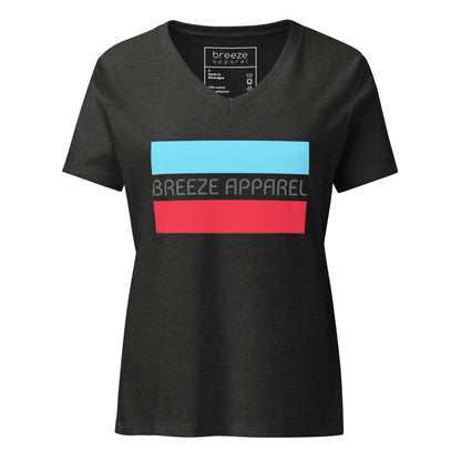 Gray v-neck t-shirt with gray 'Breeze Apparel' logo between horizontal bars, the top being light blue and the bottom being red.