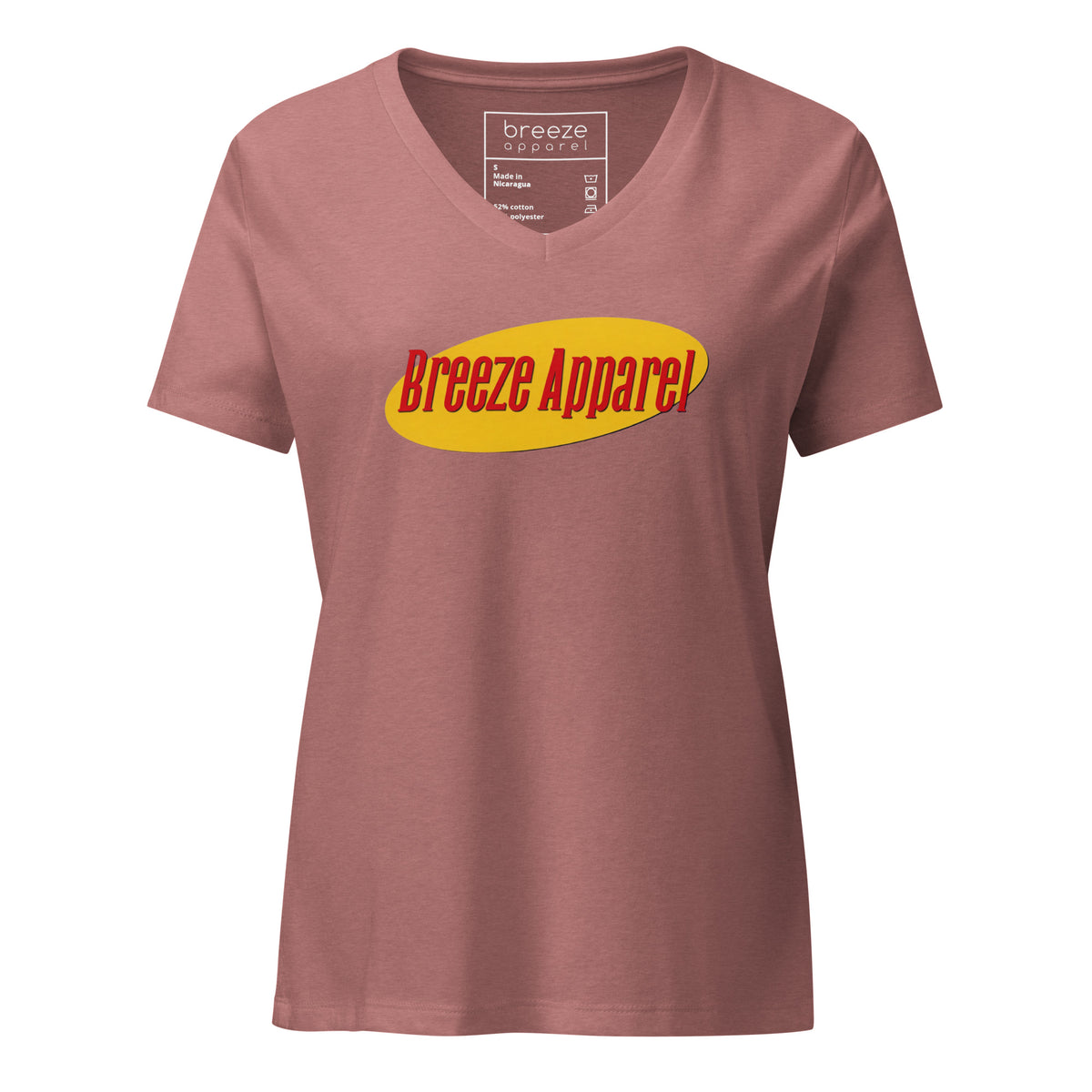 Mauve v-neck with graphic of "Breeze Apparel" in red lettering set on a yellow oval.
