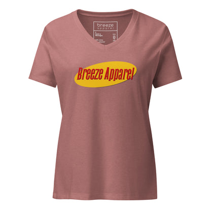 Mauve v-neck with graphic of "Breeze Apparel" in red lettering set on a yellow oval.